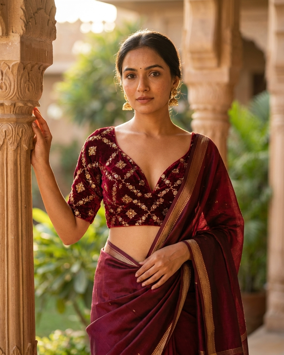 Woman in a traditional maroon saree with gold patterns standing in an outdoor setting.