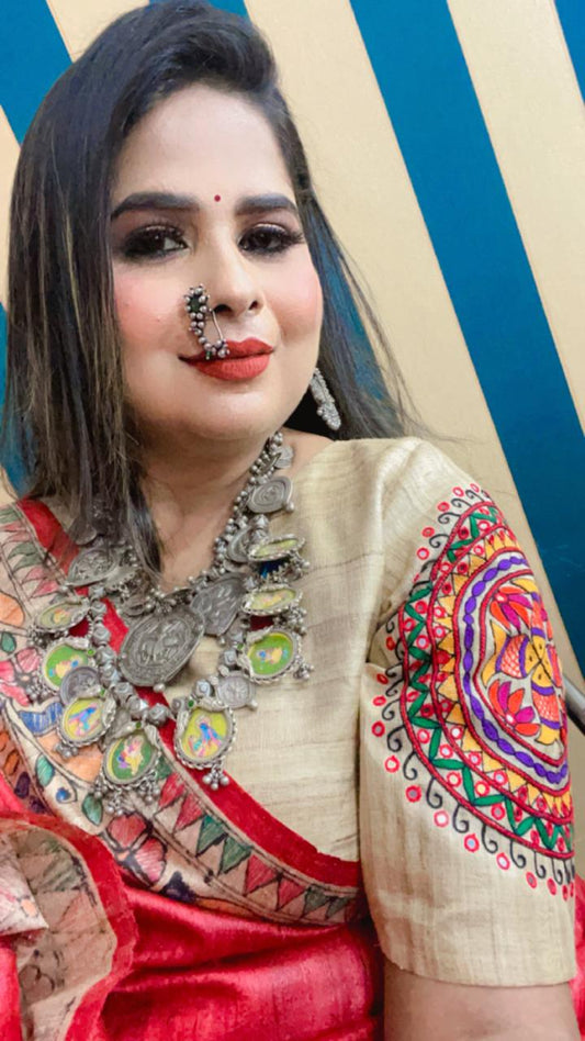 madhubani art on tassar silk