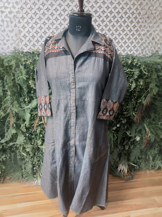 Rosaya Denim Ajrakh Fusion Dress