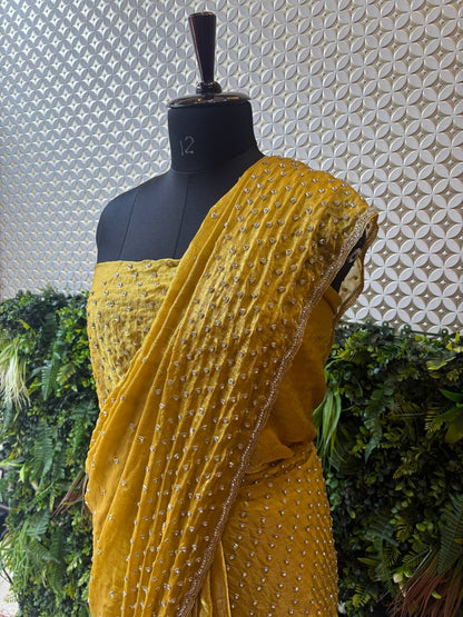 Mustard Yellow Crepe Handwork Saree – Elegant Designer Drape