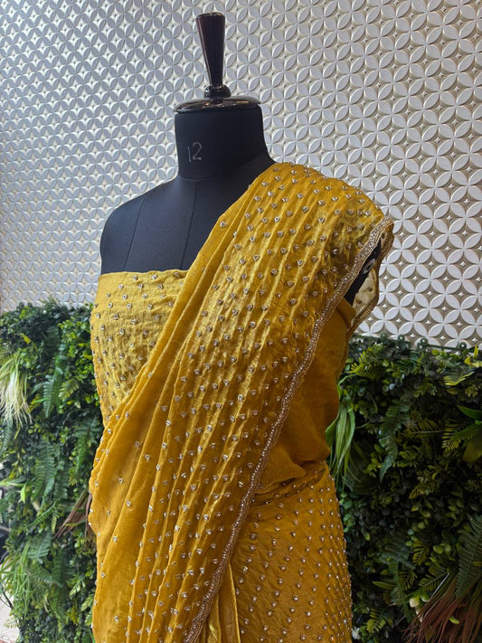 Mustard Yellow Crepe Handwork Saree – Elegant Designer Drape