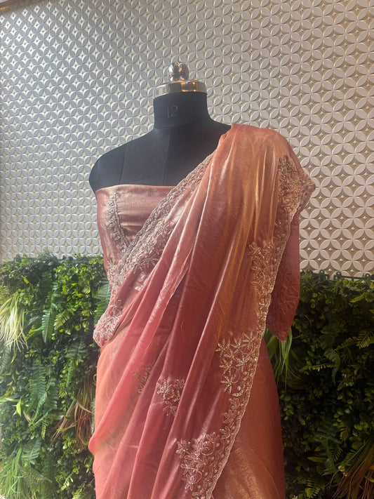 🌸 Blush Radiance – Rose Pink Shimmer Crepe Saree with Hand Embroidery