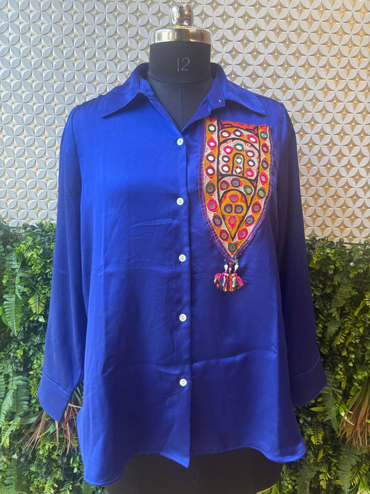 Royal Blue Shirt with Customised Kutch Patch Work – Fusion Edition