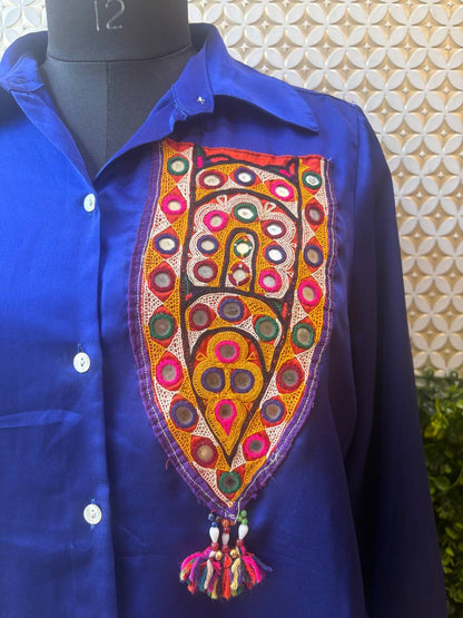 Royal Blue Shirt with Customised Kutch Patch Work – Fusion Edition
