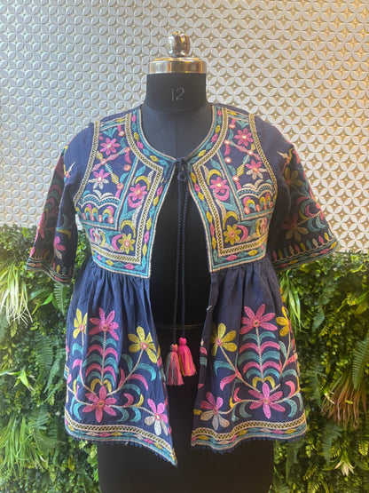 Navy Blue Kutch Embroidered Peplum Jacket – Multicolor