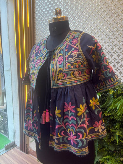 Navy Blue Kutch Embroidered Peplum Jacket – Multicolor