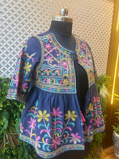 Navy Blue Kutch Embroidered Peplum Jacket – Multicolor