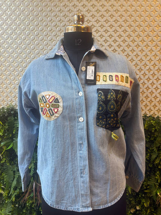 Denim Kutch Mirror Patch Shirt – Contemporary Ethnic Fusion