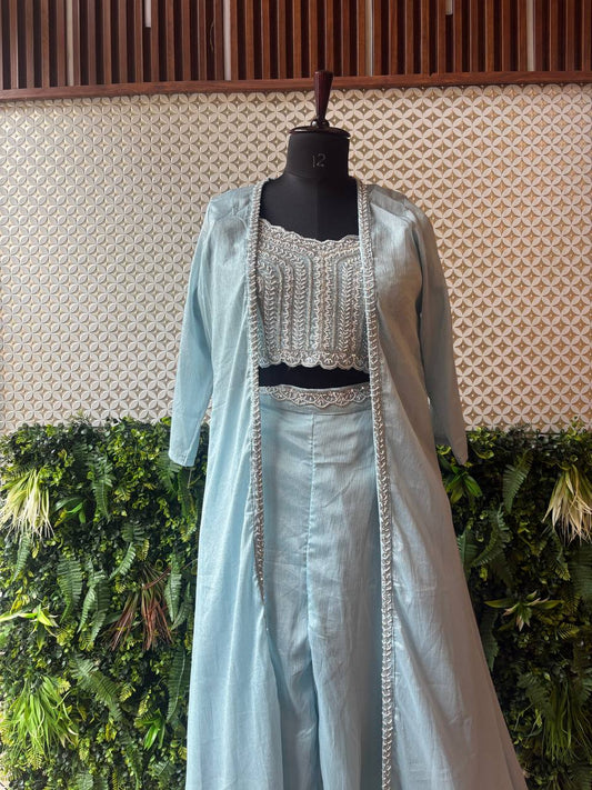 Rosaya Powder Blue Surkh Embroidered Jacket Dress