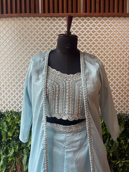 Rosaya Powder Blue Surkh Embroidered Jacket Dress