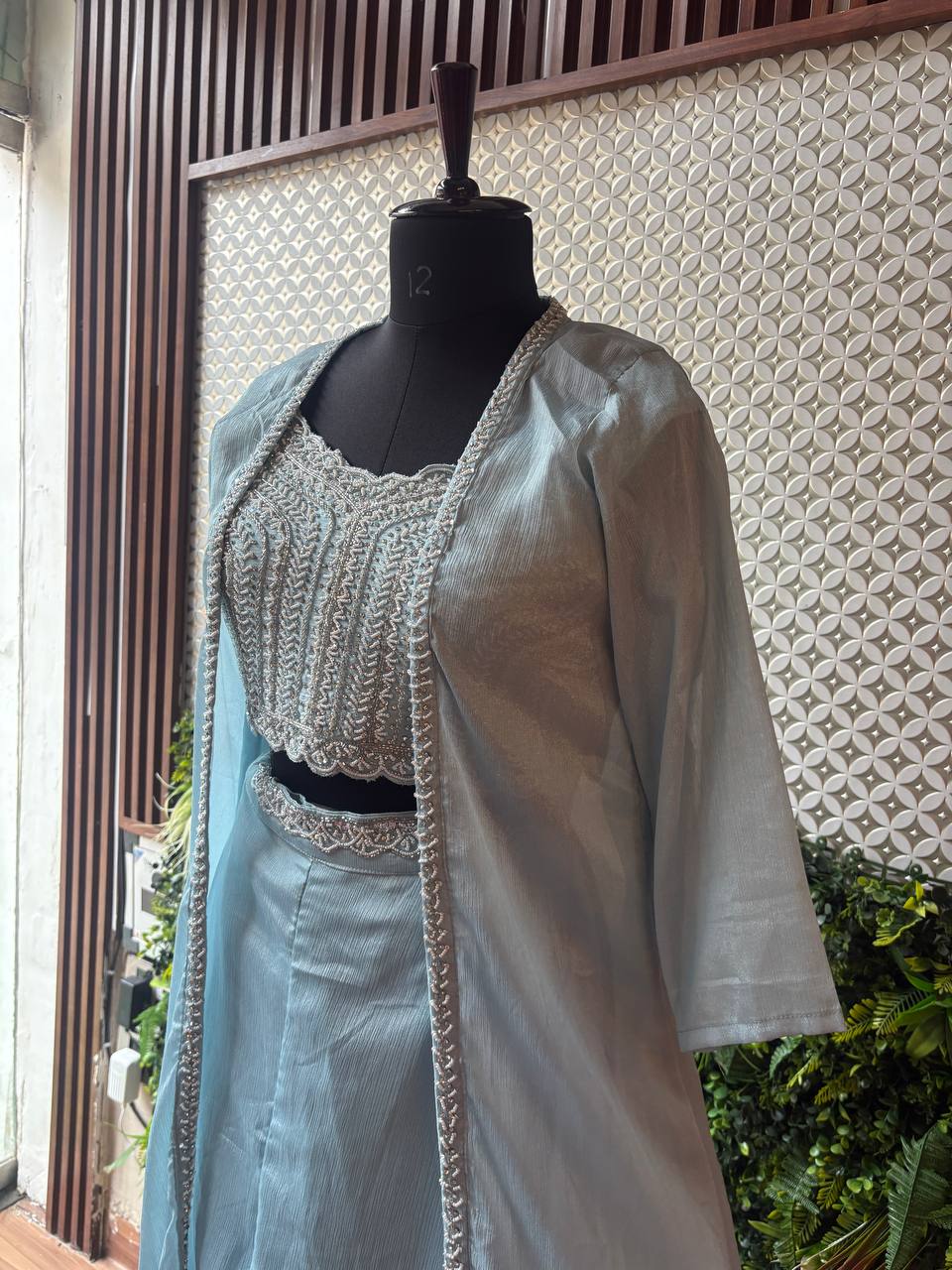 Rosaya Powder Blue Surkh Embroidered Jacket Dress