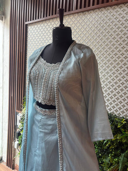 Rosaya Powder Blue Surkh Embroidered Jacket Dress