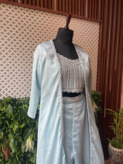 Rosaya Powder Blue Surkh Embroidered Jacket Dress
