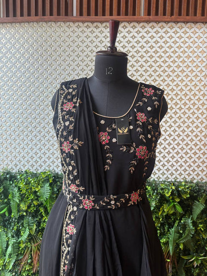 Rosaya Black Embroidered Ready-to-Wear Drape Dress