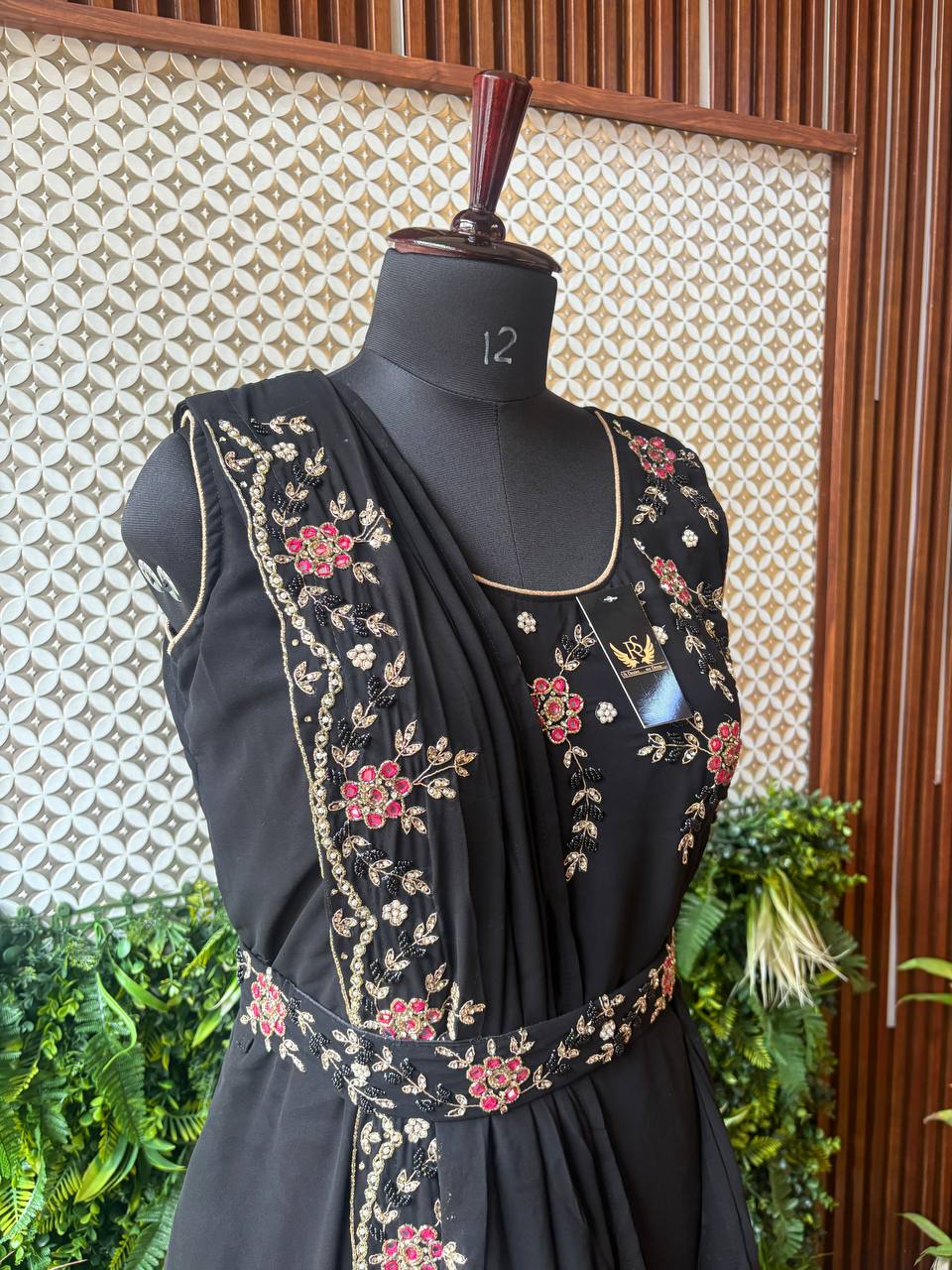 Rosaya Black Embroidered Ready-to-Wear Drape Dress