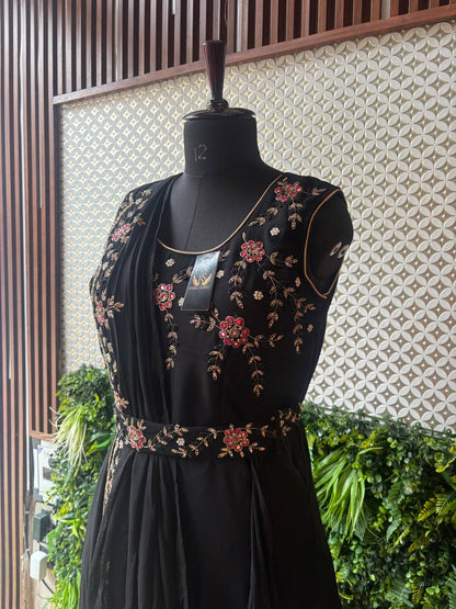 Rosaya Black Embroidered Ready-to-Wear Drape Dress
