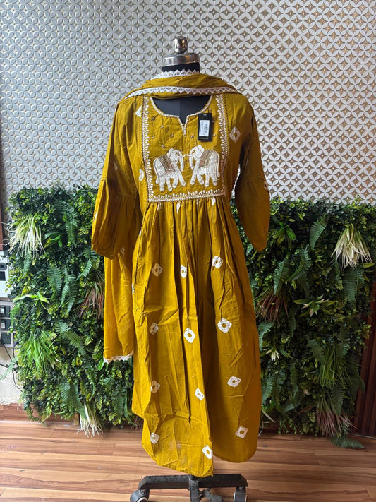 Haathi Mahal – Mustard Cotton Suit Set with Elephant Embroidery