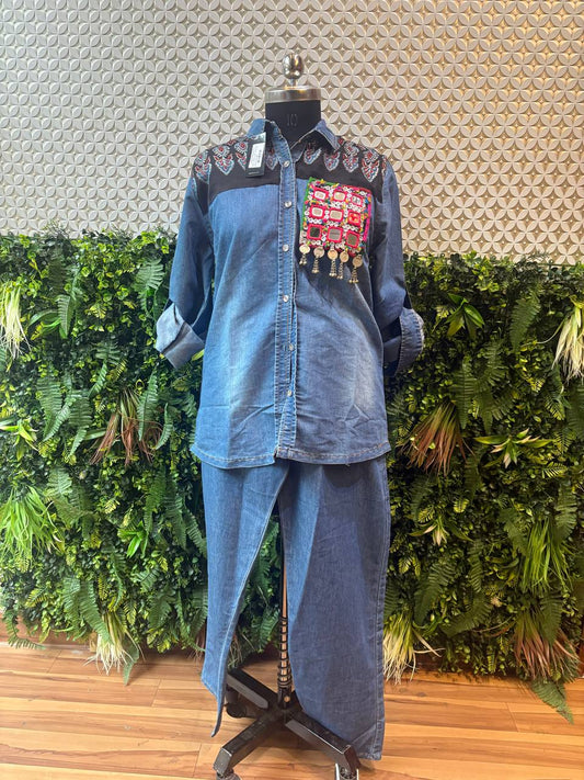 Boho Tribal Denim Co-ord Set with Mirror Patch