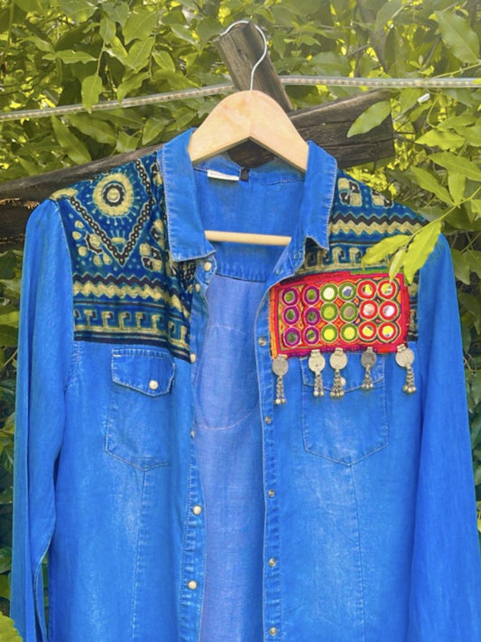 Tribal Denim Muse Shirt – Mirror & Threadwork Edition