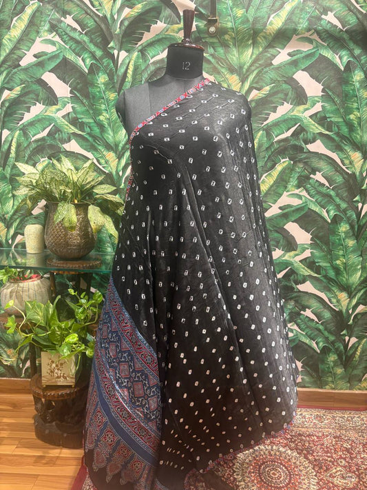 Midnight Black Bandhani & Ajrakh Dupatta by Lable Rosaya