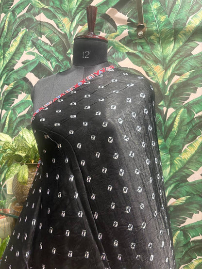 Midnight Black Bandhani & Ajrakh Dupatta by Lable Rosaya