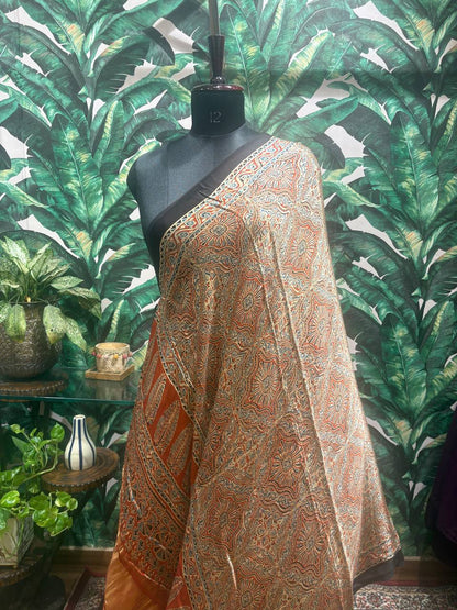 Terracotta & Blue Kalamkari Cotton Dupatta by Lable Rosaya