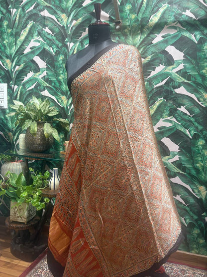 Terracotta & Blue Kalamkari Cotton Dupatta by Lable Rosaya