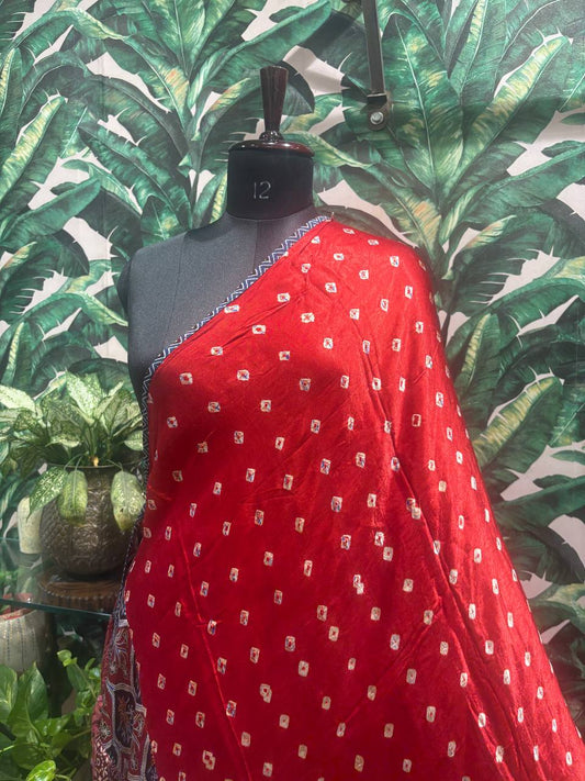 Red Bandhani & Patchwork Pallu Dupatta by Lable Rosaya