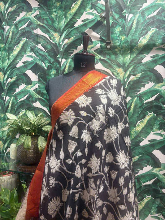 Black Kalamkari Dupatta with Saffron Nizam Border by Lable Rosaya