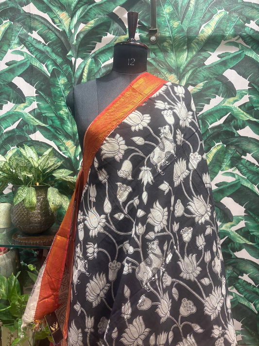Black Kalamkari Dupatta with Saffron Nizam Border by Lable Rosaya