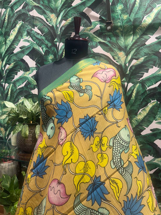 Mustard 'Matsya' Madhubani Art Silk Dupatta by Lable Rosaya