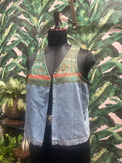 Turquoise Brocade & Denim Fusion Vest