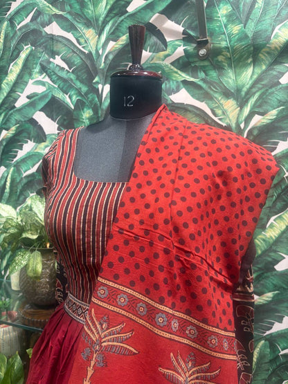 Earthy Ajrakh & Stripe Print Anarkali Set by Lable Rosaya