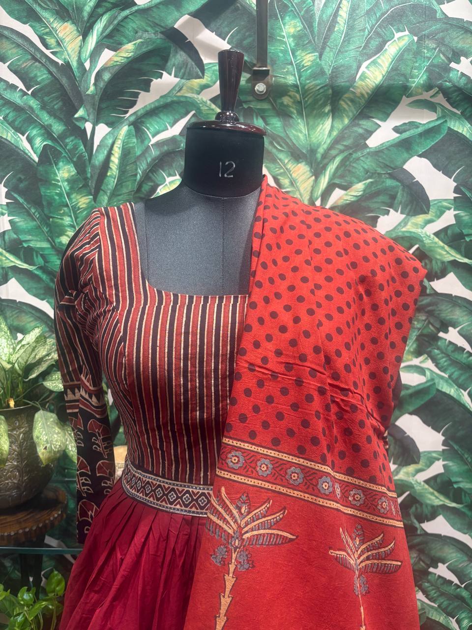Earthy Ajrakh & Stripe Print Anarkali Set by Lable Rosaya
