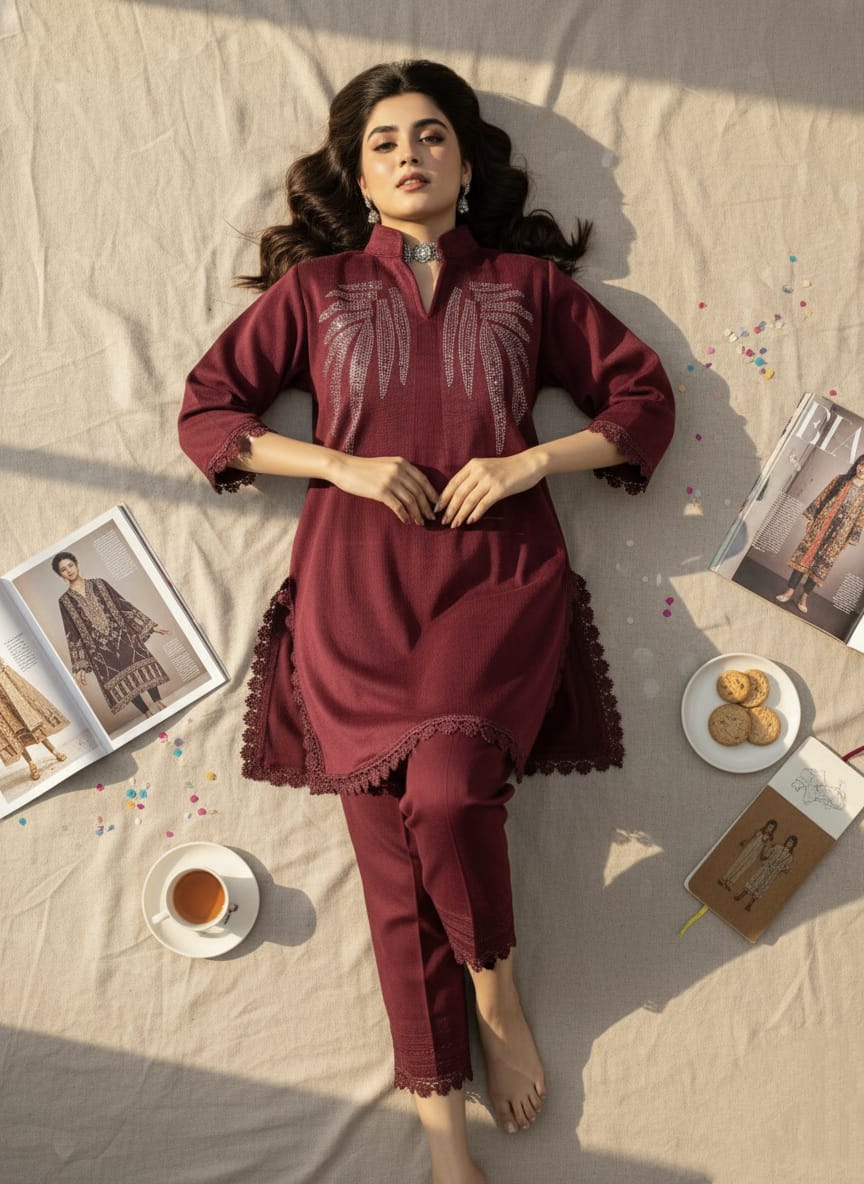 Rosaya Premium Wine Velvet Woolen Cord Set with Stone Work for Women