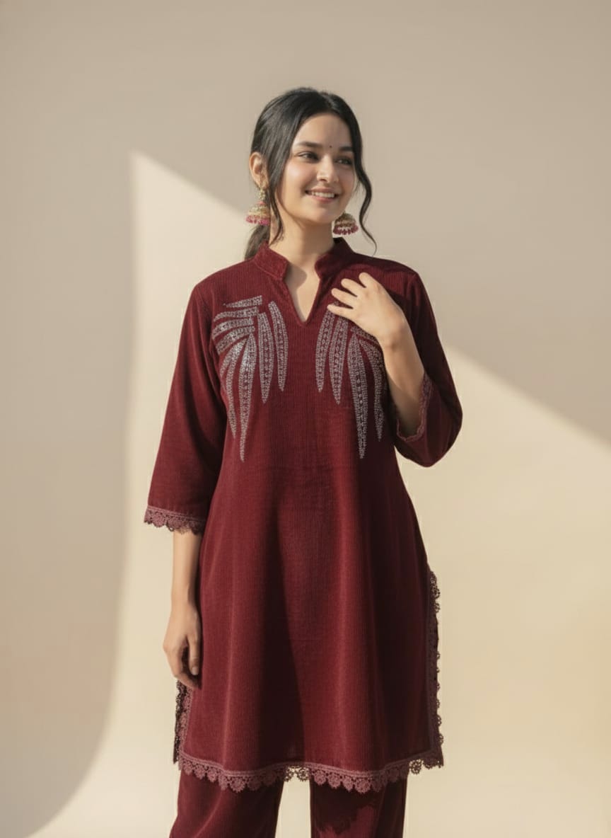 Rosaya Premium Wine Velvet Woolen Cord Set with Stone Work for Women