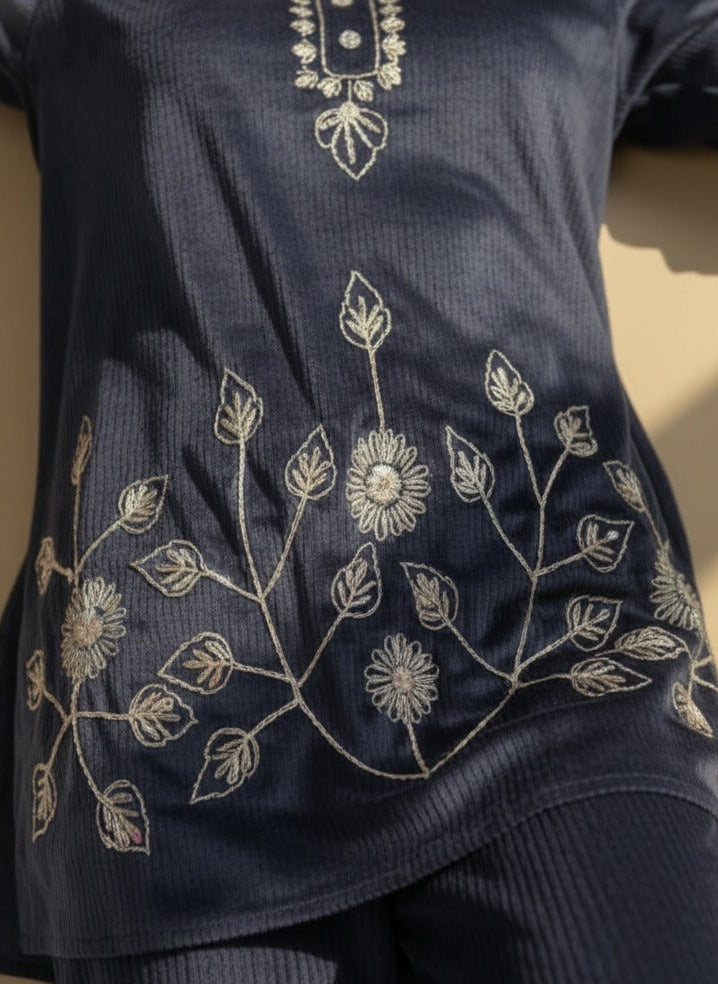 Rosaya Midnight Navy Embroidered Winter Cord Set for Women
