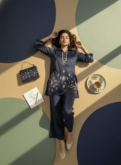 Rosaya Midnight Navy Embroidered Winter Cord Set for Women