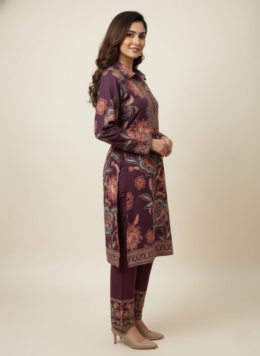 Rosaya Plum Maroon Kashmiri Print Winter Cord Set for Women