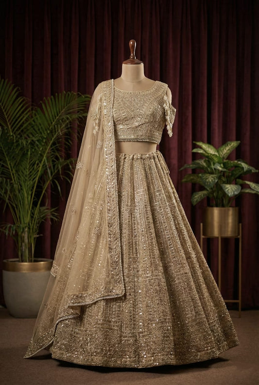 Rosaya Luxe Champagne Gold Sequin Bridal Lehenga