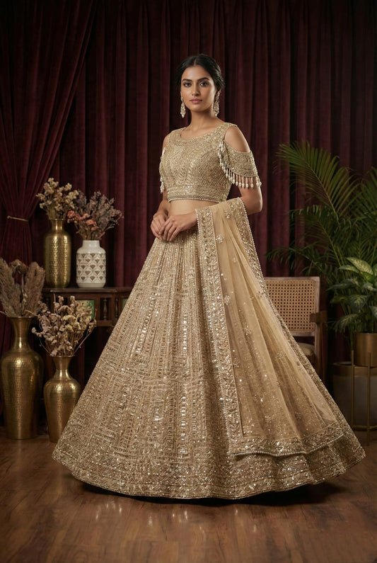Rosaya Luxe Champagne Gold Sequin Bridal Lehenga