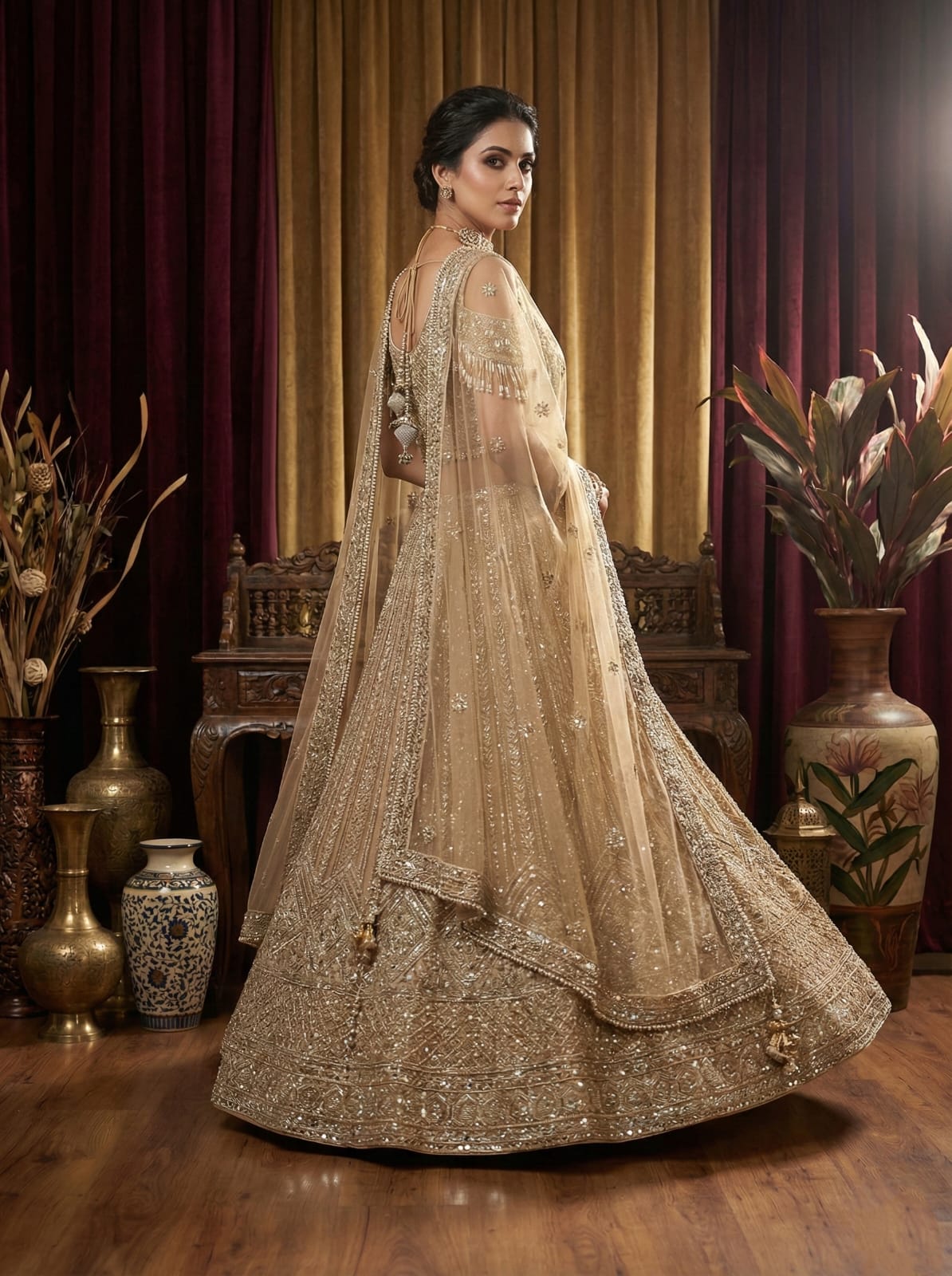 Rosaya Luxe Champagne Gold Sequin Bridal Lehenga