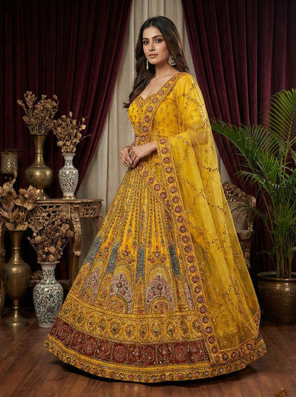 Rosaya Mustard Yellow Heritage Bridal Lehenga