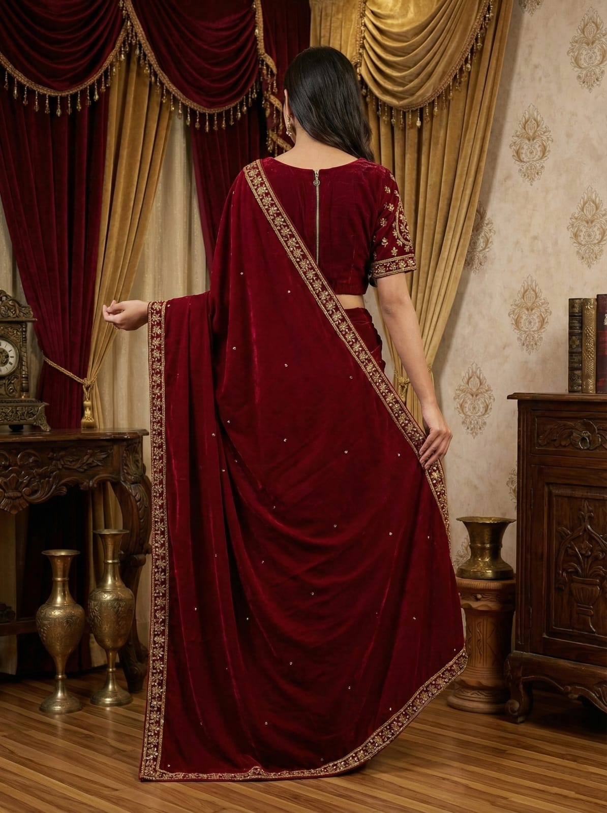 Rosaya Wine Red Velvet Zardozi Bridal Saree