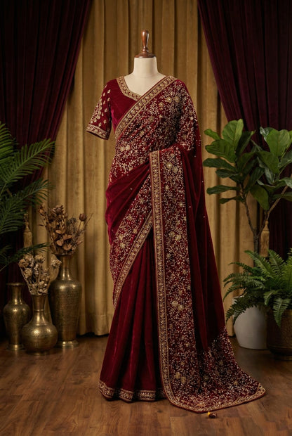 Rosaya Wine Red Velvet Zardozi Bridal Saree
