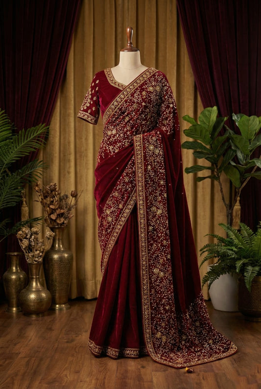 Rosaya Wine Red Velvet Zardozi Bridal Saree