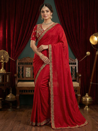 Rosaya Scarlet Red Regal Bridal Saree with Hand-Embroidered Zari Border