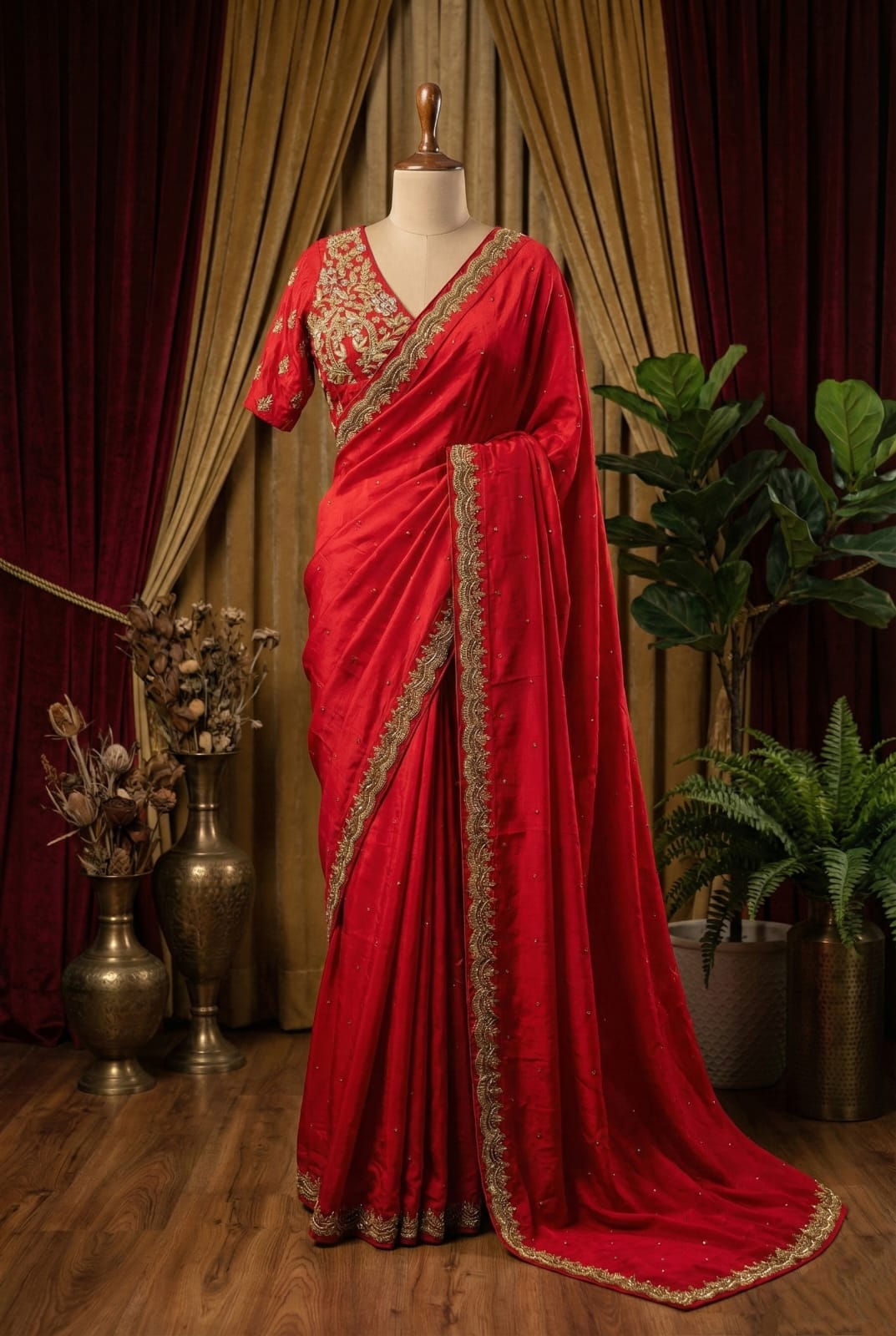 Rosaya Scarlet Red Regal Bridal Saree with Hand-Embroidered Zari Border