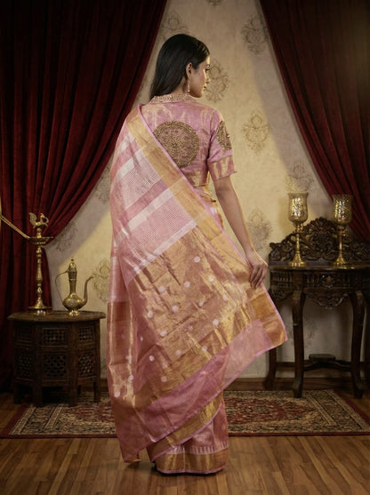 Rosaya Blush Pink Tissue Silk Saree with Zari & Polka Weave