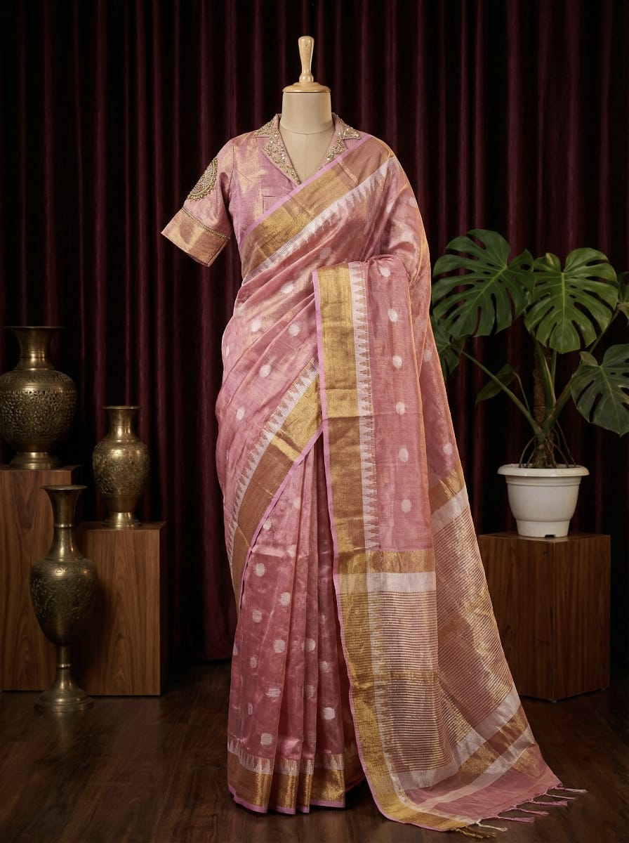 Rosaya Blush Pink Tissue Silk Saree with Zari & Polka Weave